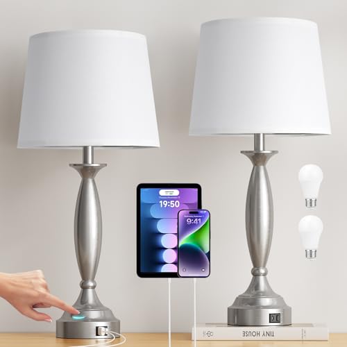 Bedroom Lamps for Nightstand, 3 Way Dimmable Silver Bedside Lamps with USB | 25.5" Touch, USB C+A Ports, Bulb Included, White Shade, Silver, Chrome, Bed Side lamps for Night Stands, Living Room - color: B. White Shade and Nickel Base, size: 25.5in Touch C