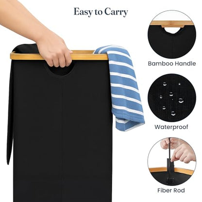 TFLC 100L Large Laundry Hamper with Lid Dirty Clothes Hamper, Black | Narrow Foldable Slim Laundry Basket with Bamboo Handles, Tall Skinny Hamper for Dorm, Bathroom & Bedroom - color: Solid Black