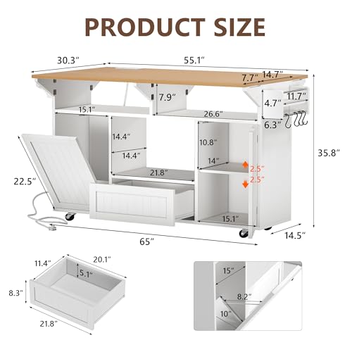 Einhomn 65" Kitchen Island with Drop Leaf, Island Table for Kitchen on Wheels with Trash Can Storage and Power Outlet, White - style: White