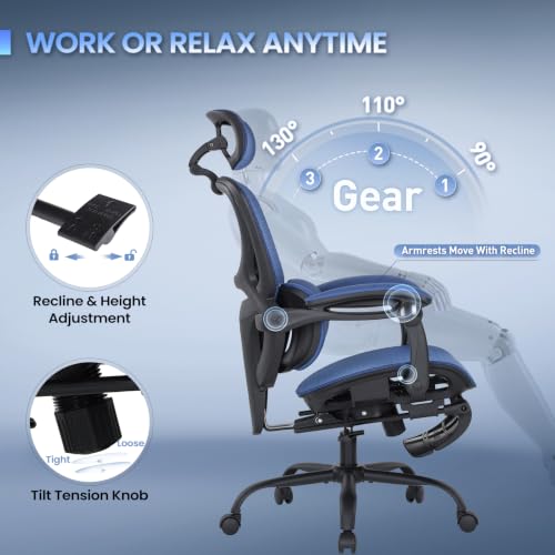 MALOL Ergonomic Mesh Office Chair with Footrest, Executive High Back Computer Desk Chair with 3D Adjustable Headrest & 5-Level Lumbar Support, Track Armrest, Tilt Lock, 300LBS, Blue - color: Blue