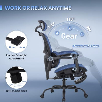 MALOL Ergonomic Mesh Office Chair with Footrest, Executive High Back Computer Desk Chair with 3D Adjustable Headrest & 5-Level Lumbar Support, Track Armrest, Tilt Lock, 300LBS, Blue - color: Blue