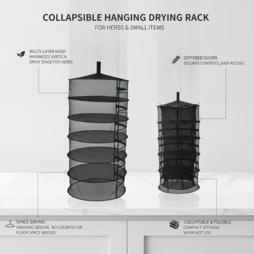 Collapsible Hanging Dryer with Zippered Mesh Layers, Space-Saving Foldable Air Drying Rack for Kitchen, Balcony, and Laundry (Black) - size: 12.99 x 12.99 x 68.9 in