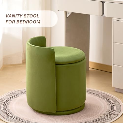 360° Swivel Makeup Chair with Storage, Upholstered Accent Stool with Back, Round Vanity Stool Ottoman for Living Room, Makeup Room, Bedroom (Green) - color: Green