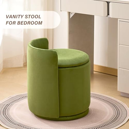 360° Swivel Makeup Chair with Storage, Upholstered Accent Stool with Back, Round Vanity Stool Ottoman for Living Room, Makeup Room, Bedroom (Green) - color: Green