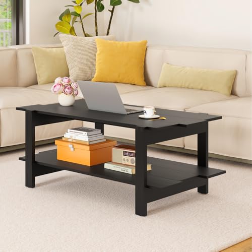 Giantex Coffee Table with Storage, 45 Inch Modern Center Table with Slatted Design & Side Rail Support, Rectangular Living Room Table for Small Spaces, Black - color: Black
