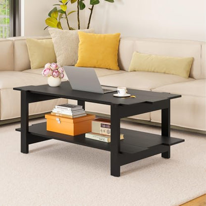 Giantex Coffee Table with Storage, 45 Inch Modern Center Table with Slatted Design & Side Rail Support, Rectangular Living Room Table for Small Spaces, Black - color: Black