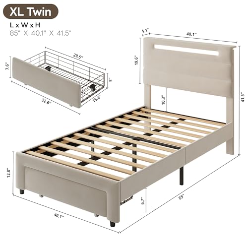 LIKIMIO Twin XL Bed Frames with Storage Drawer, Lights & Charging Station | Upholstered Modern Platform Bed, XL Twin Bed Frame with Headboard, No Box Spring Needed, Easy Assembly, Noise-Free, White - size: Twin XL