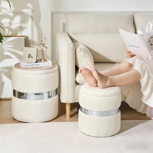 Round Ottoman with Storage Set of 2 White Velvet Vanity Stool | Upholstered,Small Ottoman Coffee Table,Removable Lid,Foot Stool for Living Room,Bedroom,Assembly Free, Silver and White - color: White