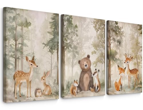 Woodland Nursery Wall Art Decor Animal Forest Canvas Prints Baby Boy Room Wall Decor Bear Nursery Nature Pictures Deer Prints Artwork for Boy Girl Kids Bedroom 16x24 Inch Wrapped Canvas Set of 3 - color: Forest deer Prints, size: 16x24 Inch Canvas