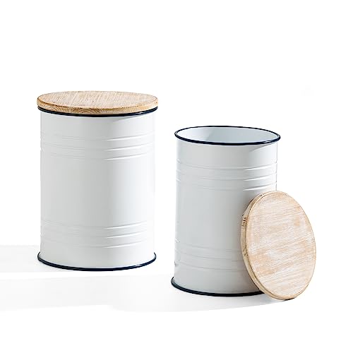 Glitzhome Rustic Storage Ottoman Seat Stool, Farmhouse End Table, Galvanized Dark Blue Rim Imitation Enamel Accent Side Table Toy Box Bin with Round Wood Lid for Living Room, Set of 2, White - color: White