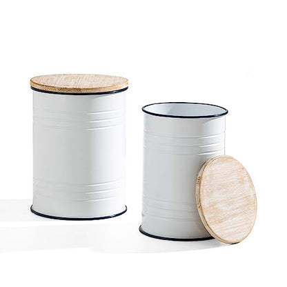 Glitzhome Rustic Storage Ottoman Seat Stool, Farmhouse End Table, Galvanized Dark Blue Rim Imitation Enamel Accent Side Table Toy Box Bin with Round Wood Lid for Living Room, Set of 2, White - color: White