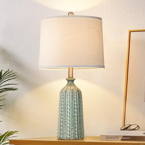 JUNNAI Green Ceramic Table Lamp 24.5": 3-Way Dimmable Nightstand Lamp with White Drum Lamp Shade | Modern Bedside Lamp for Bedrooms & Living Room (Bulb Included) - color: Blue Green
