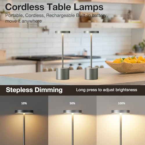 Kakanuo Grey Rechargeable Cordless Lamp - Touch Control, 3 Color Temperature, Wireless Battery Operated Lamps, Stepless Dimmable, Set of 2 - color: Gray
