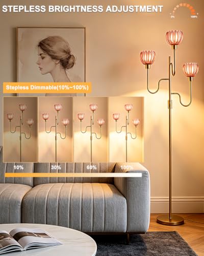 Lightdot Dimmable Red Glass Floor Lamp Mid Century Modern Gold Floor Lamps with Warm White Bulbs Included 3-Arm Standing Tall Lamp with 5Lbs Heavy Base for Living Room/Bedroom/Home Office - color: 3 Red Tulip-Gold