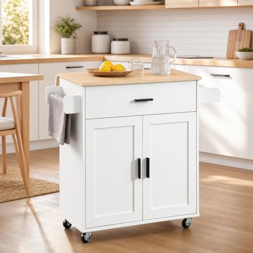 Kitchen Island with Storage, Rolling Kitchen Island on Wheels with Scalable,Open Spice Rack Shelf, Door Cabinet，Kitchen Cart Island Table for Kitchen, White