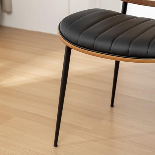 Rattan Dining Room Chairs Set of 4,Mid Century Black PU Leather Kitchen Chairs,Upholstered Seat Metal Legs Chairs with Adjustable Foot Pads,Walnut Armless Side Chairs - color: Black, size: Set of 4