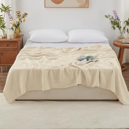 Love's cabin 100% Cotton Muslin Blanket, 6 Layer Lightweight Breathable Gauze Queen Size Blanket 90 x 90 Inches, Soft All Season Blanket for Bed, Beige - color: Beige, size: Queen(90"x90")