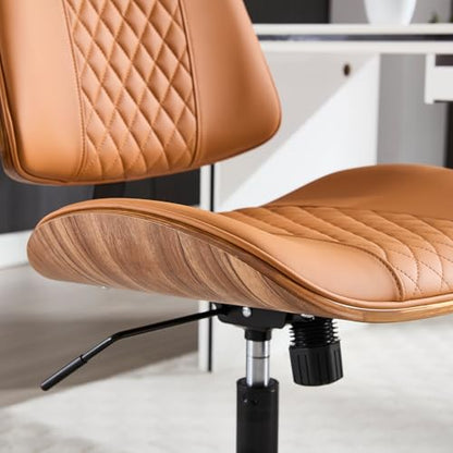 Home Office Chair No Arms with Wheels, Mid Back Walnut Style, Brown | Adjustable Height PU Leather Mid Back Support, 360 Swivel Computer Small Desk Seat, Armless Walnut Office Chair, 300LBS Cap - color: Brown, size: MCM Style