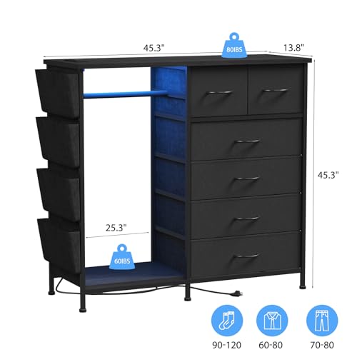 6 Drawer Dresser for Bedroom with Clothes Rack, Clothes Dresser with Side Pockets and Hooks, Charging Station & LED Lights, Wooden Top, Fabric Storage (Black) - color: Black