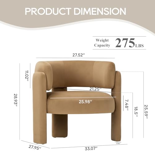 COLAMY Modern Velvet Accent Chair, Upholstered Barrel Chair, Comfy Side Arm Chair with 3 Legs for Living Room, Bedroom, Reading, Khaki - color: New-khaki, size: Set of 1
