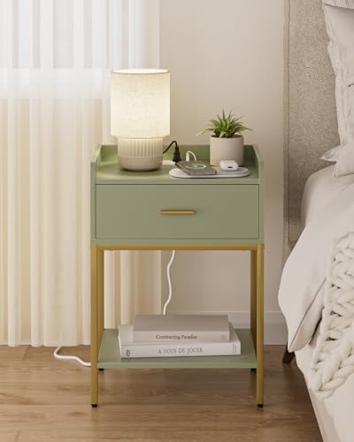 Masupu Nightstand with Charging Station,3-Tier Modern Bedside Night Stand with Storage Drawer and Shelf,Small End Side Table for Bedroom,Living Room,Gold and Green - color: Outlet-green