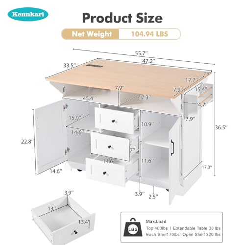 Rolling Kitchen Island with 2 Drop Leaf and Power Outlet, Island Table on Wheels with Towel Rack and Spice Rack, Kitchen Cart with Storage Cabinet and Drawers (White) - color: White