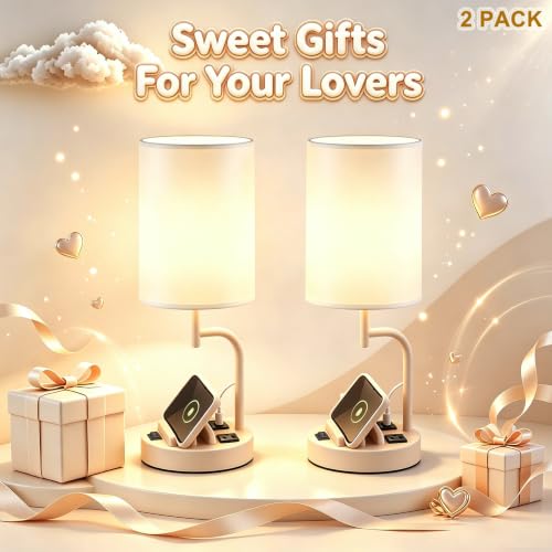 Dreamholder 2 Pack Table Lamp, Bedside Lamp with 3 USB Charging Ports & AC Outlet, USB Desk Lamp with 2 Phone Holders, Linen Fabric Shade Nightstand Lamps for Bedroom Living Room Office, Beige - color: Beige