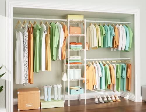 M1 Closet Storage Organizer System, 6 Tiers Heavy Duty Metal Garment Rack with 3 Expandable Hanger Rods, Wall Mounted Space Saver Suits from 5.4-8.7 ft. Width, 71.2”H x 14”D, 700LBS, White - color: White