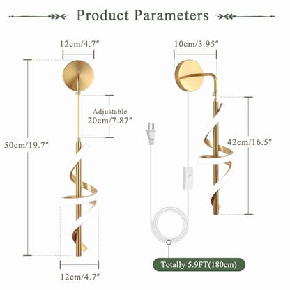 Modern Plug in Wall Sconces Set of Two,4500K Neutral Light Plug in Wall Light,Spiral Led Wall Lamp with Plug in Cord/Hardwire,Gold Indoor Sconce Wall Lighting Decor for Bedside Bedroom