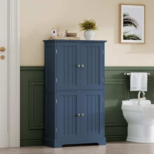 ChooChoo Bathroom Floor Cabinet with Adjustable Shelves | Bathroom Storage Cabinet, 4 Doors, Freestanding Cupboard for Living Room, Blue - color: Blue, size: 11.81"D x 23.62"W x 43.31"H