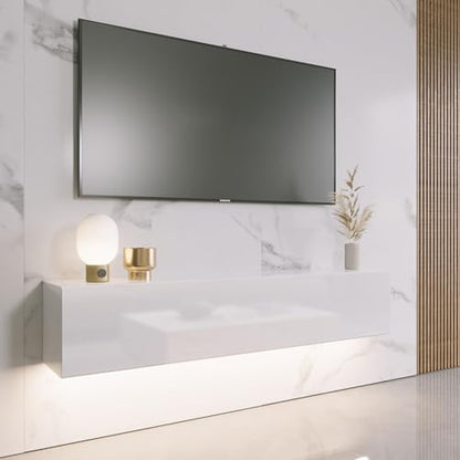 Floating TV Stand with LED for 60 65 70in TV, Glossy Wall Mounted Modern Entertainment Center with Storage, White - size: 63"W x 12"D x 13.5"H