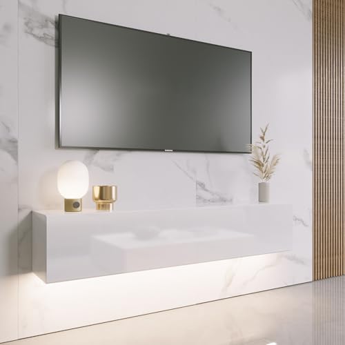 Floating TV Stand with LED for 60 65 70in TV, Glossy Wall Mounted Modern Entertainment Center with Storage, White - size: 63"W x 12"D x 13.5"H