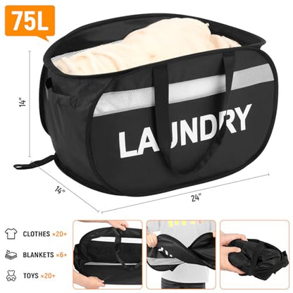 Collapsible Laundry Baskets, Tear-proof Dirty Clothes Hampers for Laundry, Foldable Laundry Basket with Dual Handles, Easy to Carry Pop Up Hamper for Bedroom, Bathroom, Dorm, Laundry Room Black - color: Black
