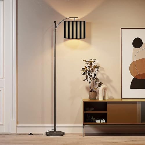 Modern Arc Floor Lamp with Dimmer Mid Century Striped Black White Metal Standing Lamp with Linen Shade Footswitch for Living Room Bedroom Office