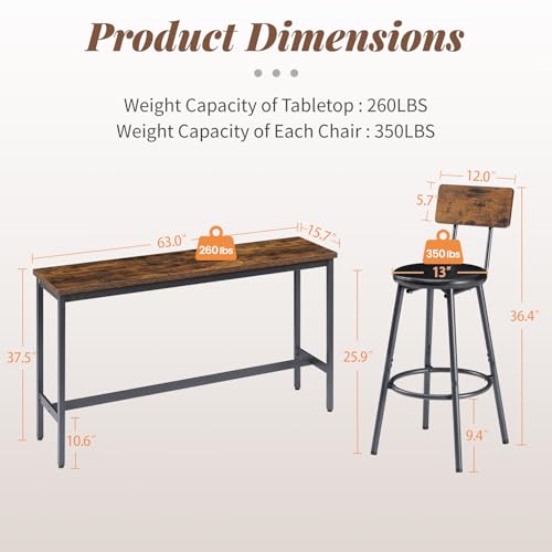 63” Long Bar Table Set for 3, Counter Height Industrial Pub Table with 3 PU Upholstered Bar Stools, Space-Saving Kitchen Breakfast Table and Chairs for Small Spaces, Rustic Brown and Black - color: Rustic Brown, style: Long bar table with stools/bar table