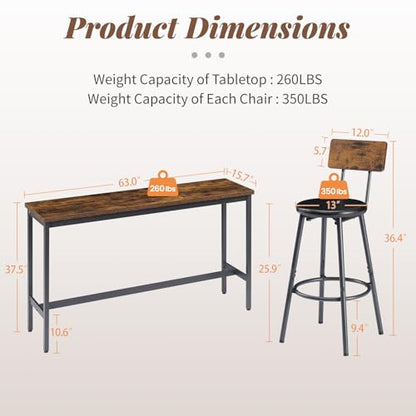 63” Long Bar Table Set for 3, Counter Height Industrial Pub Table with 3 PU Upholstered Bar Stools, Space-Saving Kitchen Breakfast Table and Chairs for Small Spaces, Rustic Brown and Black - color: Rustic Brown, style: Long bar table with stools/bar table