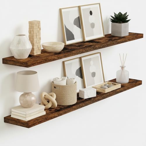 Vivelove Floating Shelves 9 inch Deep 48”Long Set of 2, Rustic Brown | Easy Install With Hardware, 1.5" Thick, Invisible Brackets, Wall Mounted, No Sagging, For Any Room - color: Rustic Brown, size: 48”wx9.3”dx1.5”h
