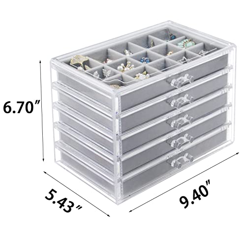 Acrylic Jewelry Box with 5 Drawers, Clear Earring Storage Organizer Display Case for Women Girls, Gray