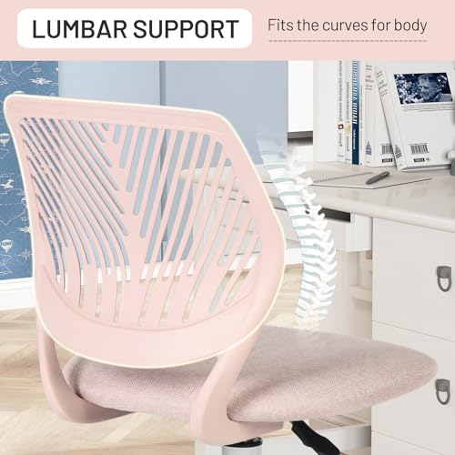 FurnitureR Pink Kids Desk Chair, Swivel Adjustable Study Chair with Fabric Cushion and Rolling Wheels, Armless Lightweight Task Chair for Cozy Study Rooms & Gifting - color: Pink
