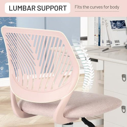 FurnitureR Pink Kids Desk Chair, Swivel Adjustable Study Chair with Fabric Cushion and Rolling Wheels, Armless Lightweight Task Chair for Cozy Study Rooms & Gifting - color: Pink