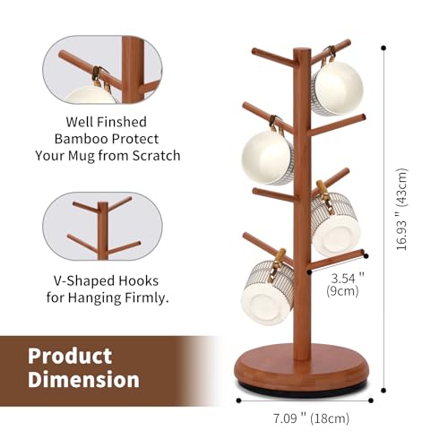 BAMBANG Mug Holder, 360° Rotating Mug Tree Holds 8 Coffee Cups, Space Saving Mug Stand with Stable Base for Kitchen Coffee Bar - color: Tea Brown
