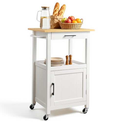 VEVOR Kitchen Island Cart with Single Door Cabinet, Mobile Carts with Drawer, Towel Rack, Hooks, Portable Table on Swivel Wheels, Small Coffee Islands Microwave Stand for Dining Room, 18x23 in, White - size: 17.72"D x 23.23"W x 35.83"H, style: Moveable 1
