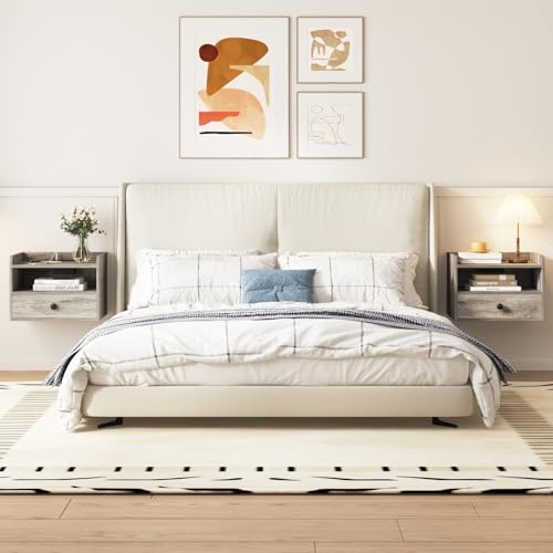 Floating Nightstand Set of 2 Modern Night Stands with Drawer and Open Shelf | Cubby Small Bedside End Table with Charging Station Wall Mounted Nightstands Set 2 for Bedroom Grey - color: Grey