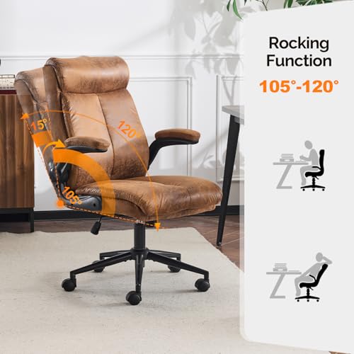 VINGLI Microfiber Brown Rolling Ergonomic Office Desk Chair with Padded Flip-up Arms, 360°Swivel High Back Executive Computer Chair with Wheels for Game，Home Small Space, Study Room, Reading Room - color: Microfiber-brown