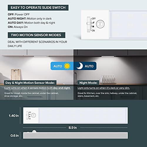 BLS 36 LED Closet Light Battery Powered, Super Bright Under Cabinet Lighting, Motion Sensor Indoor, Wireless, 1500mAh Rechargeable Battery Operated, 3 Pack - color: 5500K Daylight White-8.9 inches-3 Pack