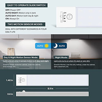 BLS 36 LED Closet Light Battery Powered, Super Bright Under Cabinet Lighting, Motion Sensor Indoor, Wireless, 1500mAh Rechargeable Battery Operated, 3 Pack - color: 5500K Daylight White-8.9 inches-3 Pack