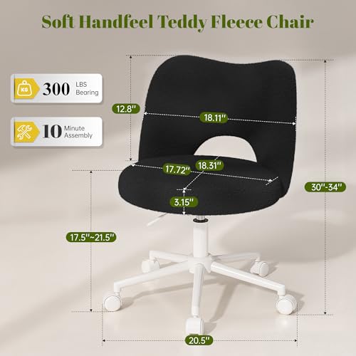 DurayLoly Vanity Chair with Wheels & Breathable Open-Back,Black | Fluffy Teddy Fleece Height Adjustable Armless 300lbs for Makeup Room, Bedroom, Dorm, Home Office, Black - color: Black