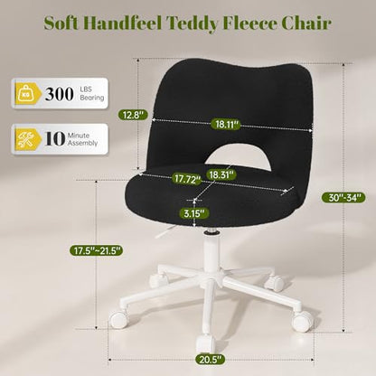 DurayLoly Vanity Chair with Wheels & Breathable Open-Back,Black | Fluffy Teddy Fleece Height Adjustable Armless 300lbs for Makeup Room, Bedroom, Dorm, Home Office, Black - color: Black