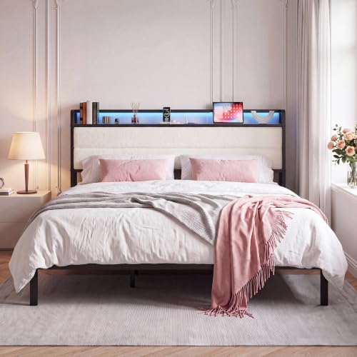 LIKIMIO California King Bed Frame with Headboard, LED and Charging Station | Upholstered sherpa storage headboard with LED & charger; heavy-duty slats; noise-free; modern elegance; natural and cream - color: Natural and Cream, size: California King