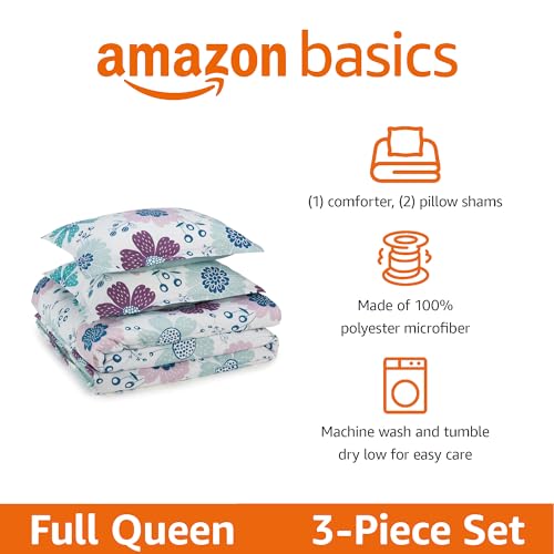 Amazon Basics 3-Piece Soft, Plush Microfiber Kids' Comforter and Pillow Sham Set, Full/Queen, Purple Flowers, Bluish Pink, Floral - color: Bluish Pink, size: Full/Queen